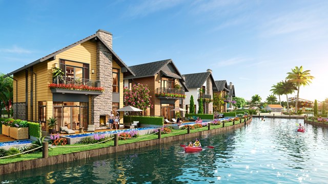 Biệt thự Lagoon với hệ thống k&ecirc;nh đ&agrave;o bao bọc xung quanh d&atilde;y nh&agrave;